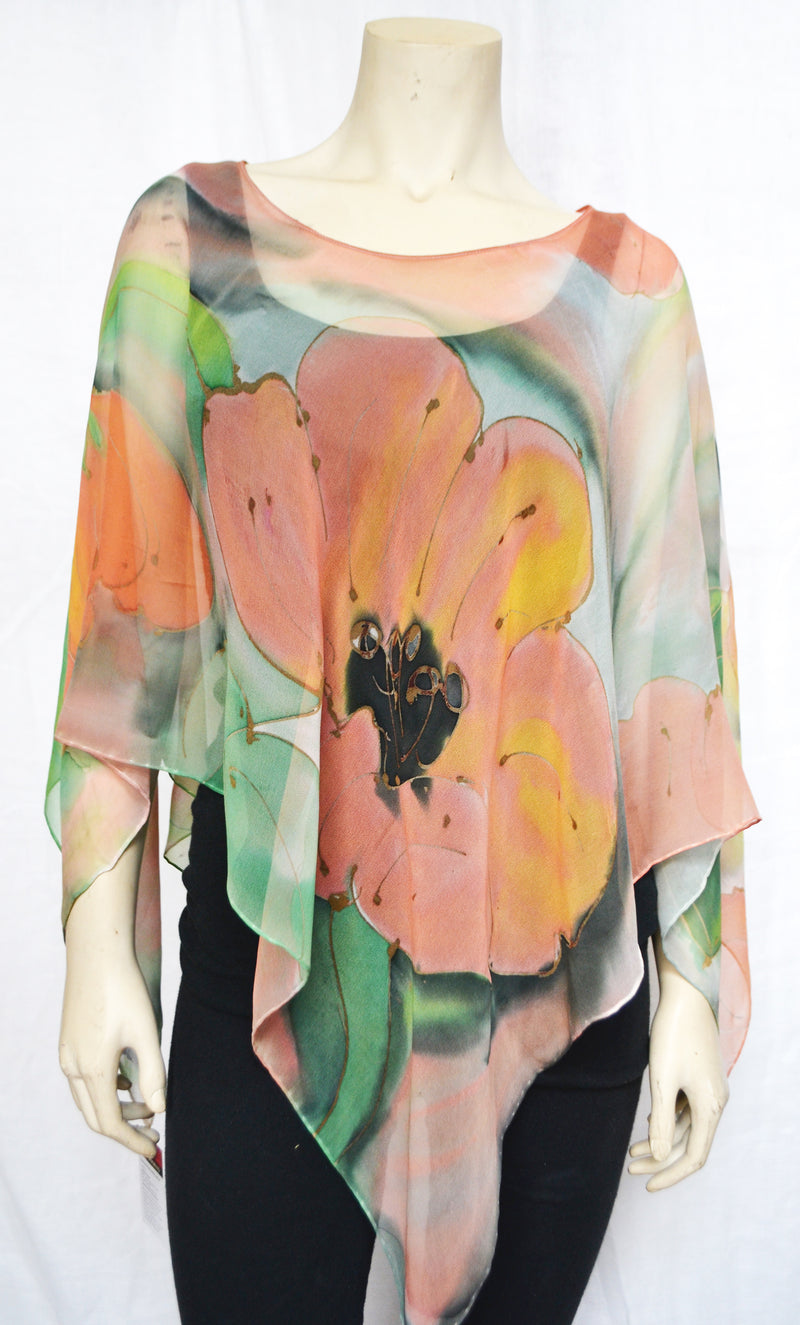 California poppies swaying in the mountains , growing in the wild are an inspiration for this poncho scarf. This silk chiffon poncho is perfect to wear to a summer party or traveling in summer ! It drapes well and can also be worn as a scarf. Wear it with a camisole on a summer day and feel cool yet be covered from the sun. Wear it in deep winter over a sweater or as a scarf !