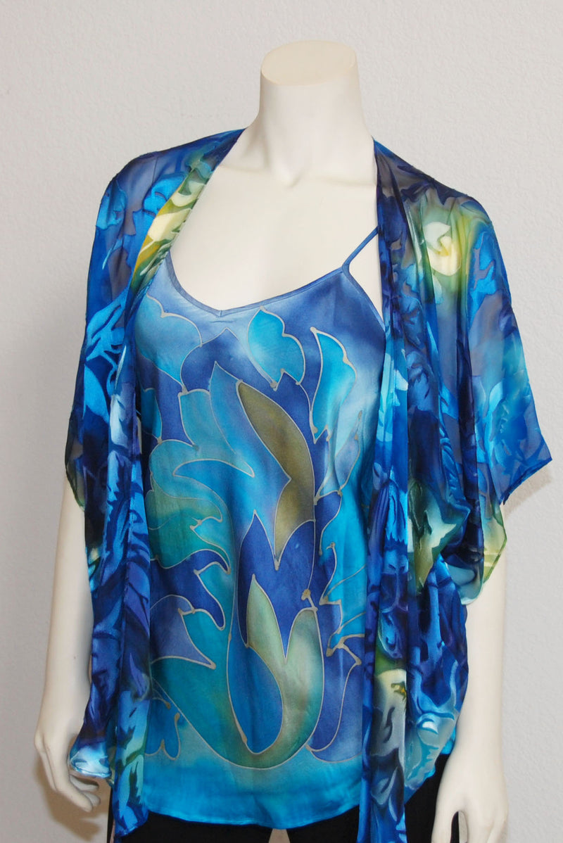 The blue green devore silk kimono jacket can be worn with a paisley camisole or even over a solid sweater or camisole. The hand painted camisole is bought separately.