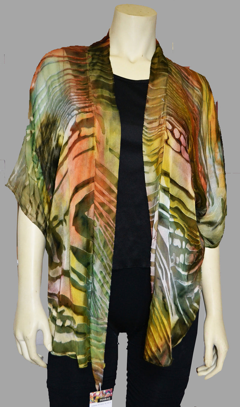 This olive green orange hand painted devore kimono jacket is available in sizes S-L. It can be hand washed or dry cleaned. These jackets have a scarf like edge and can be tied at the waist. You can wear  it with solid sweaters, camisoles. dresses. A matching Poshaq silk camisole can be made separately once ordered.